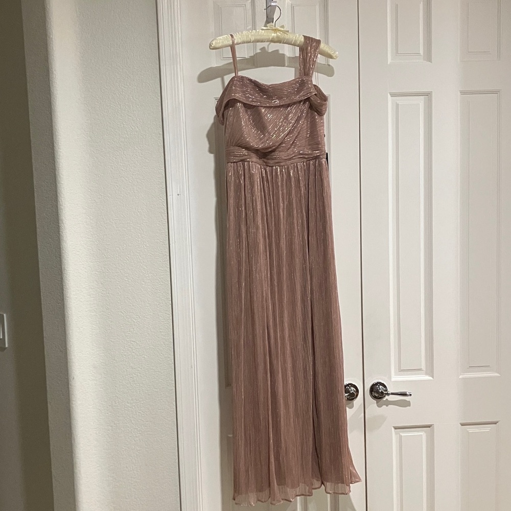 Asymmetrical Crinkle Metallic Formal Gown, Petal Gold, Floor Length